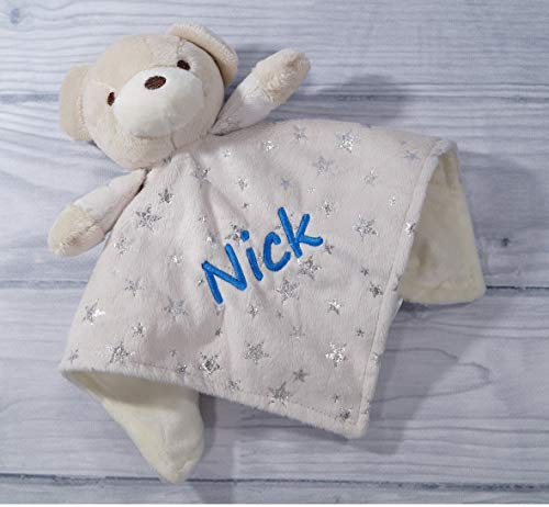 generisch Schmusetuch Bestickt mit Namen Schnuffeltuch Kuscheltuch Tolle Geschenkidee ! (Beige - Teddybär - Sternen)