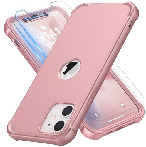ORETECH Coque pour iPhone 12 Mini avec 2 Pièces Verre Trempé Protection écran, 2 en 1 Antirayures Souple TPU Arrière Rigide PC Antichoc Housse de Protection Étui pour iPhone 12 Mini 5.4 Or Rose