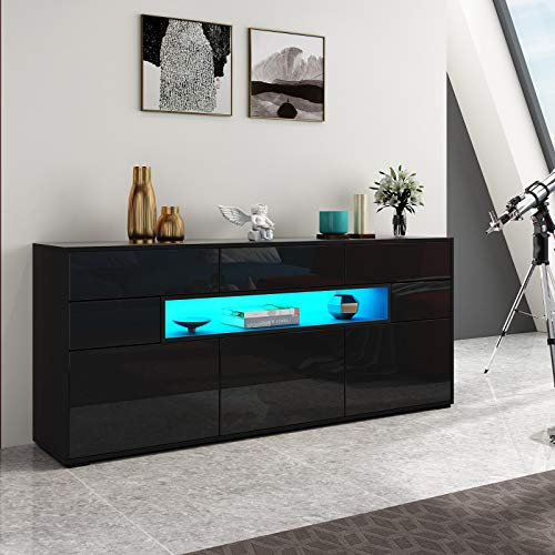Senvoziii Sideboard Kommode 3 Türen 5 Schubladen mit LED Vitrine Wohnzimmer Hochglanz Buffetschrank Anrichte für Küche Esszimmer Wohnzimmer Schwarz