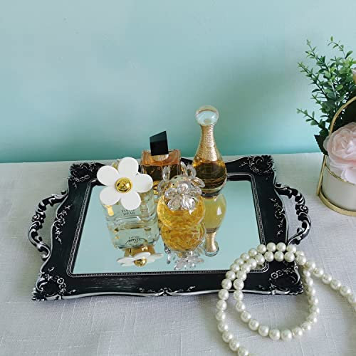 Yamfurga Rectangle Decorative Mirror Tray, French Style, Makeup Organizer, Jewelry Organizer, Serving Tray, 9.5x 14.9, Silver Black