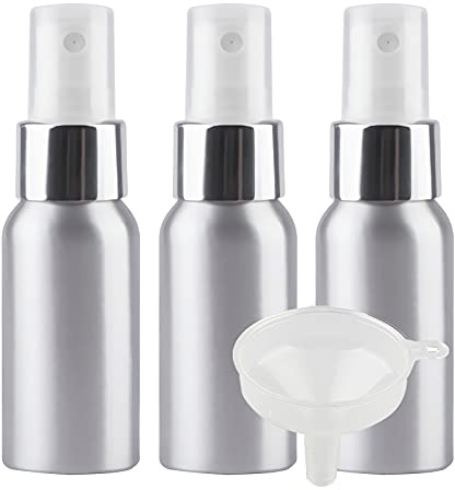 TIANZD 3 Pcs 50ml Empty Silver Aluminium Fine Mist Spray Bottle with White/Silver Metal Spray Head Refillable Travel Alu Bottles for Body Sprays, Room Fragrances, Perfumes, Hair, Garden, Funnel
