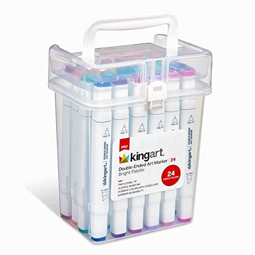 KINGART PRO Double-Ended Alcohol Ink Art Markers, 24 BRIGHT Colors, Fine Point & Chisel Tips, Permanent with Superior Blendability, Includes Plastic Case, 24 Pc.