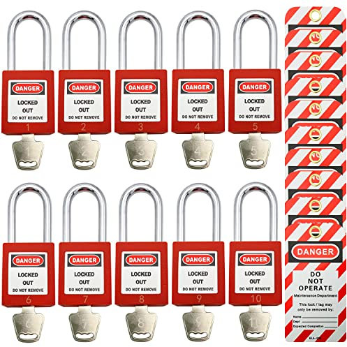 Loto Lot de 10 cadenas de sécurité en plastique avec clés différentes Rouge avec 10 étiquettes de verrouillage (1 à 10)