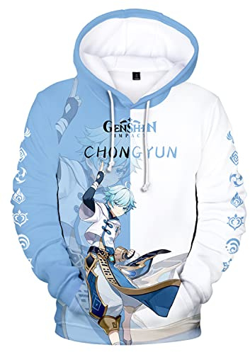 AMOMA Cosplay Anime Spiel 3D Digital Hoodie Freizeit Lange Ärmel Unisex Kapuzenpullover Sweatshirt(L,ChongYun-BW)