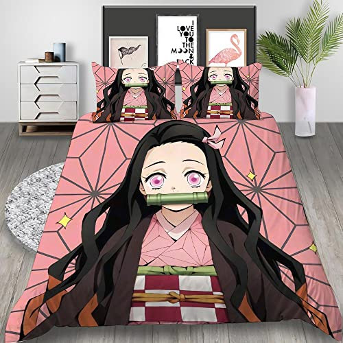 PTNQAZ Anime Bettwäsche-Set für Mädchen mit Dämonentöter-Teufelsklinge, Kimetsu No Yaiba, Cartoon-Bettwäsche-Set für Mädchen (Einzelbett, 1)