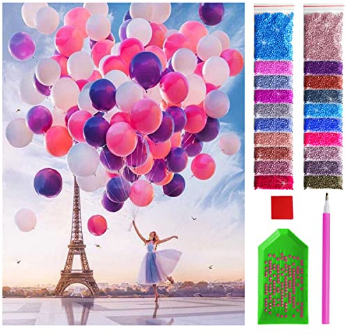 ARTULIO Diamond Painting Set - Mädchen mit Ballons und Eiffelturm - 30x40 cm – 5D Diamant Painting Bilder, Diamond Painting Erwachsene