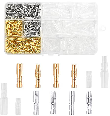 WUHEECOME 400 Pcs Rundsteckverbinder Messing Rundstecker Kabelschuhe 3,9mm Kabel Steckverbinder Gold/Silber Messing Bullet Terminals Dauerhaft Flachsteckhülsen Set für Motorrad Auto Roller