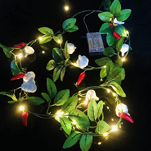 Künstliche Chili Knoblauch Lichterkette 6,6 Fuß Efeugrüne Blätter Pfeffer Girlande mit 20 LED-Kupferdraht Lichterketten für Schlafzimmer Hochzeit Geburtstag Party Hausgarten Dekoration (Batterie)