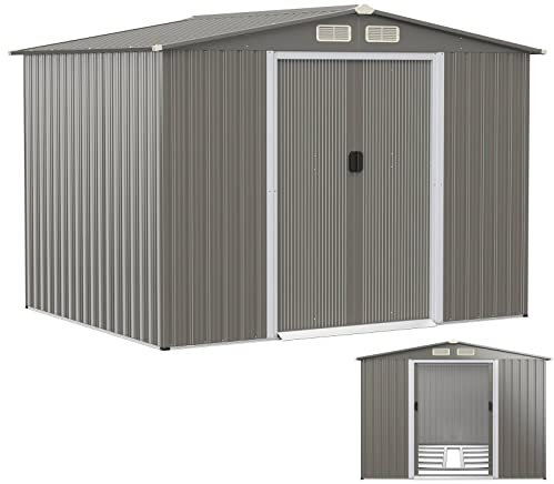COSTWAY 7x4FT/8x6FT/8.5x7FT/9x6FT Galvanized Metal Garden Shed, Outdoor Lockable Tool Storage House with Foundation, Ramp, Vents & Sliding Door, Weatherproof Storage Shed Box (8.5x7FT, Light Grey)