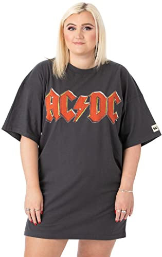 AC/DC Womens T-Shirt Dress | Charcoal Grey with Classic Band Logo Oversized Graphic Tee for Ladies | Fly On The Wall 1985 Tour Merchandise | Pop Rock Concert Gig Top | Festival Gift for Adults