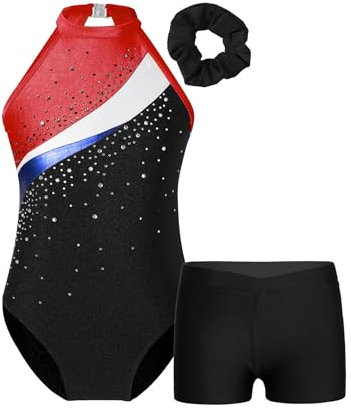 TTAO Gymnastikanzug Kinder Mädchen Ärmellos Turnanzug Trikotanzug Tanz Gymnastik Training Dancewear Gymnastikbody mit Haarband und Shorts A Schwarz&Rot 146-152