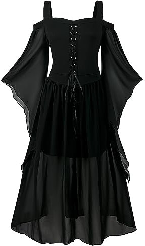 NFAOEGJ Women's Medieval Costume Dress, Victorian Dress, Renaissance Vintage Dress, Butterfly Sleeve Gothic Punk Dress for Halloween Cosplay Party (Black, S)