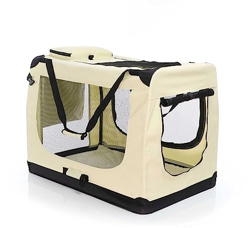 Fudajo Faltbare Transportbox für Hunde, Katzen XXL (90x60x64cm), robust, leicht, sicher, Hundebox mit Tragegriff und Decke, Beige
