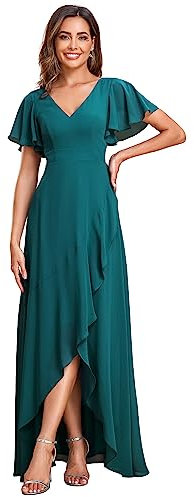 Ever-Pretty Vestito da Damigella Lungo con Volantes con Spacco Scollo a V Maniche Corte Elegante Abito da Damigella Teal 54