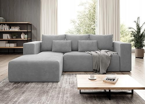 Easy4You Ecksofa Grau Stripes L-Form in Kord – 255x73x161 cm - Schlafsofa mit Bettkasten und Schlaffunktion - Eckcouch mit Stauraum – Stoff Kord POSO 55