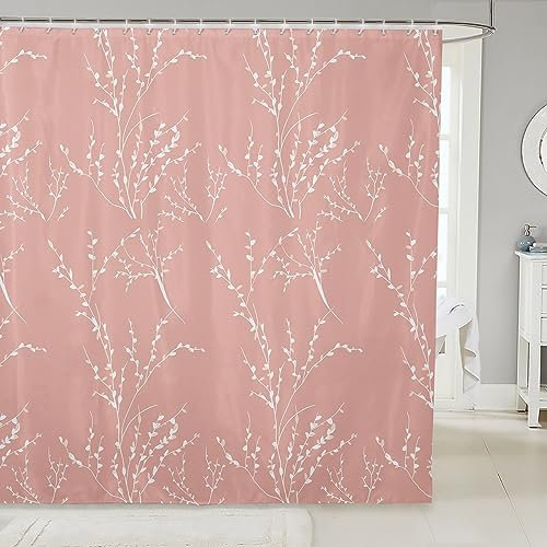 Bedluxy Blush Pink Branches Bath Curtain Flower Plum Blossom Shower Curtain for Kids Decor Leaves Bathroom Shower Curtain Set Polyester Kids Bathroom Accessories 72x84 Inch