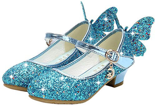 YOSICIL Mädchen Prinzessin Schuhe ELSA Schmetterling Schuhe mit Absatz Pailletten Glitzer Schuhe Kinder Ballerinas Hochzeitsschuhe Partei Festschuhe Karneval Halloween Party, Blau, 25
