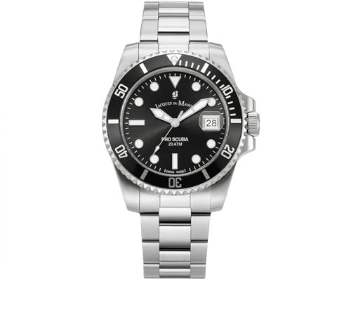 Jacques Du Manoir Pro Scuba, Herren Taucheruhr, Quarz Analog, Edelstahl, 43mm, Edelstahlarmband, Silber, 20 bar, Zifferblattfarbe: Schwarz, Datumsanzeige, JWG02801