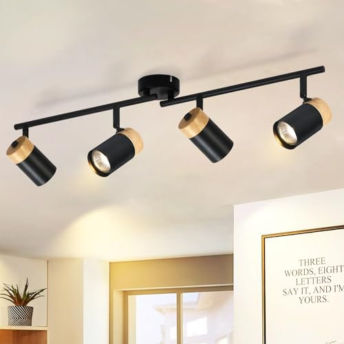 Glitzerlife Deckenstrahler Holz Schwarz Deckenleuchte- Deckenlampe 4 Flammig GU10 LED Schwenkbar 330° Spotleuchte für Wohnzimmer Schlafzimmer Küche kinderzimmer Ohne Leuchtmittel