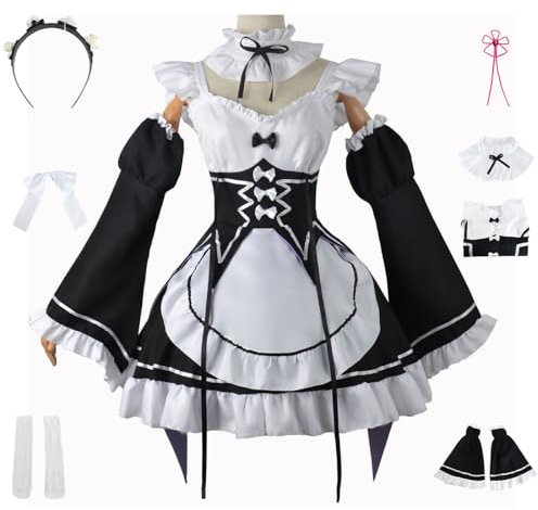 YEAJION Rem Ram Cosplay Kostüm Komplettes Set mit Perücke Maid Dress Anime Re Zero Cosplay Rem Ram Verkleidung Maid Kleid Halloween Karneval Party Bühnenauftritt Kostüm Erwachsene