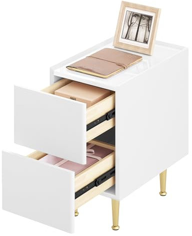 WOLTU Nachttisch mit 2 Schubladen, Beistelltisch Nachtschrank Hochglanz, 25x40x51cm, moderner Nachtkommode für Schlafzimmer, einfache Montage, Holz PVC+Metall, Weiß+Golden NTS10ws01