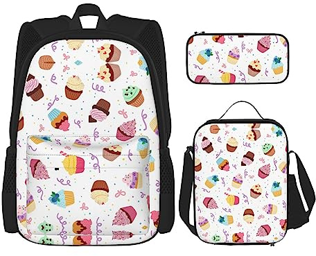 SUHNGE 3-in-1 Büchertaschen-Set mit süßem Eichhörnchen-Druck, verstellbarer Schulter-Rucksack, Lunch-Tasche, Federmäppchen, Beutel, Leckere Cupcakes, Einheitsgröße