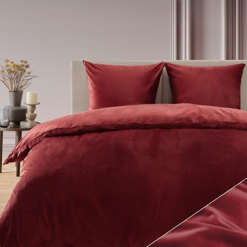 Blumtal Bettwäsche 200x200 cm Cashmere-Touch Plüsch - Oeko-TEX zertifizierte Bettwäsche 200x200 Plüsch + Kissenbezug 80x80 2X - Bettwäsche 200x200 Winter Plüsch Mikrofaser - Bettwäsche Winter Rot