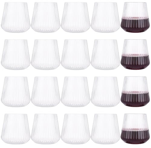 LOLYSIC 20 Pcs Clear Ribbed Unbreakable Plastic Wine Cups - 400ml/14oz Stemless Plastic Wine Glasses for Whisky, Champagne, Juice, Picnic, Outdoor