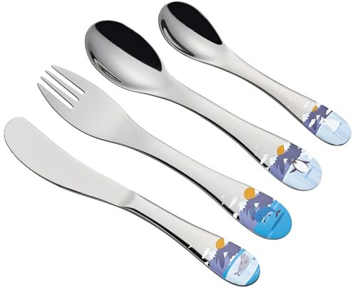 cilio Kinderbesteck SEAWORLD | 4-teilig | Rostfreier Edelstahl | Ergonomische Form | Kindermesser 21 cm, Kindergabel 21 cm, Kinderlöffel 20 cm, kleiner Löffel 17 cm | Tiermotive eingraviert