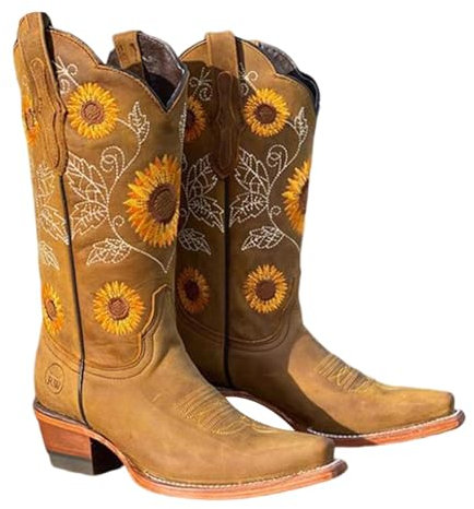 Umiocns Stivali da Cowboy da Donna Vintage con Ricami Floreali - Stivali Alti da Cavaliere con Punta Quadrata per Equitazione