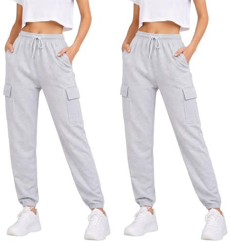 True Face Ladies Trousers Fleece Womens Joggers Cargo Combat Jogging Bottoms Casual Elasticated Women Sweatpants with Pockets Tracksuit Pants 2 Pack Grey S