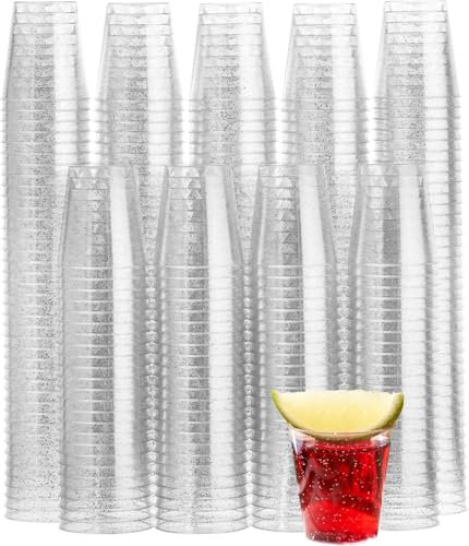 MATANA 150 Schnapsgläser aus Plastik mit Silberglitzer, 3cl - Pinnchen Kunststoff, Shotgläser, Shot Becher, Schnapsbecher, Plastikbecher - Party Zubehör - Stabil & Mehrweg