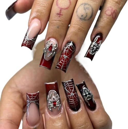 24pcs French Black Press on Nails 3D Skull Design Faux Ongles Noir Rouge Cool Faux Ongles Patchs Détachables Manucure Automne Hiver Luxe