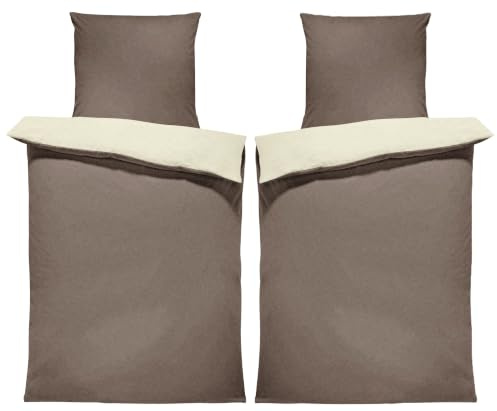 one-home Winter Bettwäsche Doubleface Uni Wende kuschelig flauschig warm weich Fleece, Größe:4 teilig 135x200 cm, Farbe:Taupe/beige Natur