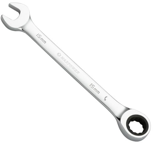 MaxPower Clé Mixte à Cliquet de 15 mm, clé à Engrenage de Qualité Industrielle Avec 12 Points, Cliquet à 72 Dents, Fabriquée en Acier Cr-V Forgé et Traité Thermiquement Avec Revêtement Chromé