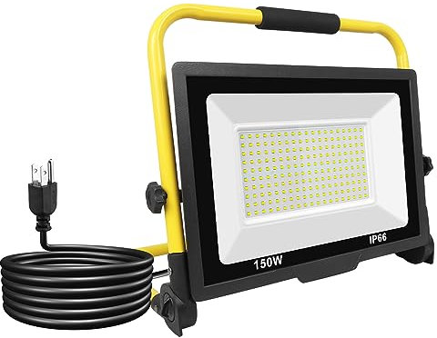 Willpower Foco de Trabajo LED 150W 15000LM Foco LED Portátil Soporte Plegable Proyector LED con Enchufe Luz de Construcción lmpermeable IP66 Reflector LED para Exterior Obra Taller Garaje 6000K Blanca