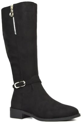 ESSEX GLAM Women's Knee High Boots Flat Low Heel Ladies Zip Calf Leg Black Faux Leather Biker Riding Shoes Size 3-8
