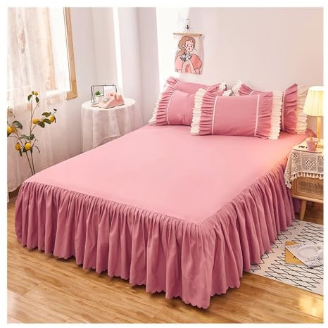 MORENTSU Cache-sommier à volants avec bande élastique de couleur unie 1/3 pièces, couvre-lit pour lit simple/grand lit/king size ou 2 taies d'oreiller (pâte de haricot, 3 pièces 150 x 200 cm)