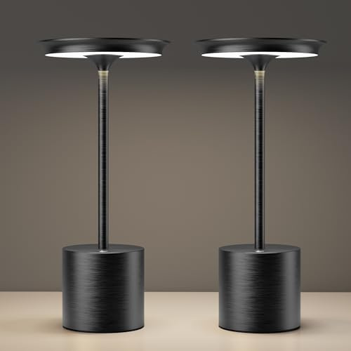 YIKUI Cordless Rechargeable LED Table Lamp - 6000mAh Battery Operated, 3 Colour Modes with Stepless Dimmable Desk Lights, IP54 Waterproof for Bedroom, Restaurant, Patio & Outdoor (2Black)