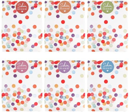 MEJOSER 30 Stück Geschenktüten mit 30 Aufkleber Mitgebsel Tüten zum Befüllen Bunt Papiertüten Kindergeburtstag kleine Tütchen Geburtstag Hochzeit Gastgeschenke für Süßigkeiten