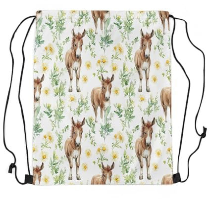 Loussiesd Esel Turnbeutel 33x40cm Kinder Nette Esel Rucksack mit Kordelzug für Jungen Bauernhaus Tiere Sportbeutel Sporttasche Atmungsaktive Floral Tiere Gymsack Sportsack