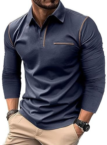 Volemo Mens Polo Shirts Casual Long Sleeve Tops Cotton Polo T-Shirts Golf Tops Navy Blue 2XL