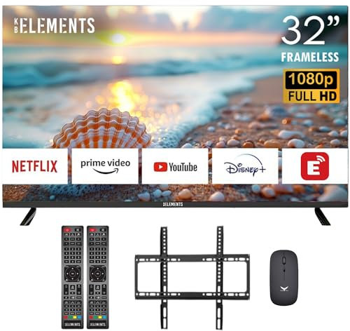 KB ELEMENTS 32 Zoll (81 cm) Full-HD Smart TV mit HD Triple Tuner (DVB-C/-S2/-T2), App Store, Prime Video, Netflix, YouTube, DAZN, Disney+,Android 14