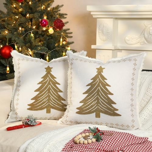 Lewondr Weihnachten Kissenbezüge, 45x45CM Satz von 2 Dekorative Kissenbezüge mit unsichtbarem Reißverschluss, Dekorativer Kopfkissenbezug mit Stickerei Baum & Schneeflocke für Bett Haus Wohnzimmer