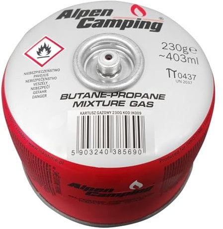 Alpen Camping 230 g Propan‑Butan Gaskartusche EN 417 7/16″ Gewinde Outdoor Campingkocher Wanderkocher Survival Expedition – zuverlässig –10 °C bis +40 °C – Zertifiziert PI 0656/PI 0437 (1 Stück)
