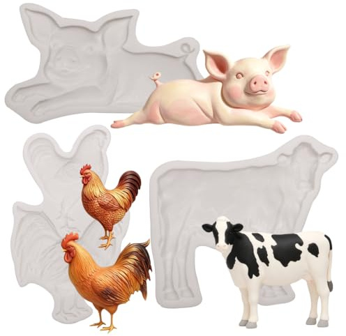 Silikon-Fondantformen Bauernhof-Tiere Set | Hahn, Henne, Schwein, Rind, Schokoladen-Backformen, Kuchendekoration, Cupcake-Topper, Polymer-Ton Basteln