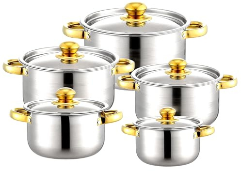Edelstahl Topfset 10-teilig | Kochtopfset mit Deckel, Induktion Geeignet | Spülmaschinenfest. Große & kleine Töpfe, ideal für Gas, Elektro & Keramik Herd.