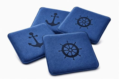 KAMACA Sitzkissen 4er Set Maritim 35x35 cm Blau – Filz Stuhlkissen mit Anker & Steuerrad Motiv – Gepolsterte Sitzauflage mit Schaumkern für Stuhl, Esszimmer, Küche, Balkon & Gartenstuhl
