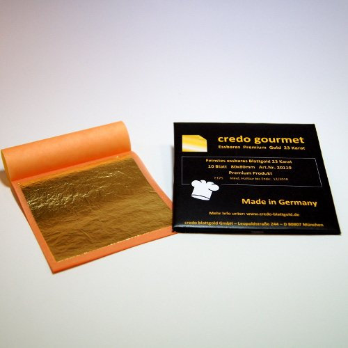 Feines essbares Blattgold 23 Karat - 80 x 80 mm 100 % Deutsche Qualität Menge 10 Blatt