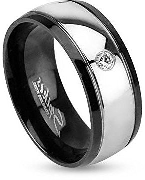 Autiga Damen Herren Ring Edelstahl Partnerring Ehering Zweifarbig Zirkonia Kristall schwarz-Silber 70 - Ø 22,20 mm 8 mm